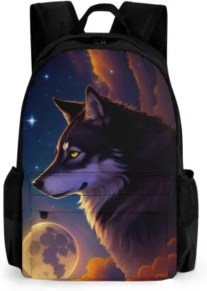 Galaxy Psychedelic Wolf Night Moon Sky Space Art Rucksacks Lightweight Multipurpose Anti-Theft Shoulder Bag Big Capacity Laptop Book Bag Rucksack With Padded Straps