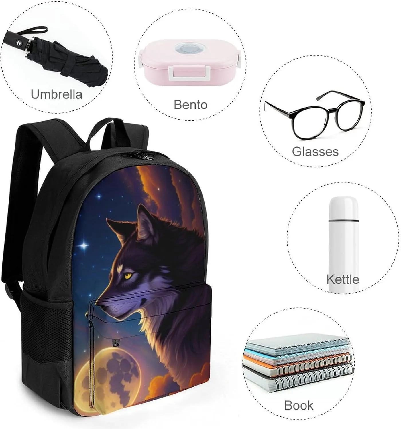 Galaxy Psychedelic Wolf Night Moon Sky Space Art Rucksacks Lightweight Multipurpose Anti-Theft Shoulder Bag Big Capacity Laptop Book Bag Rucksack With Padded Straps