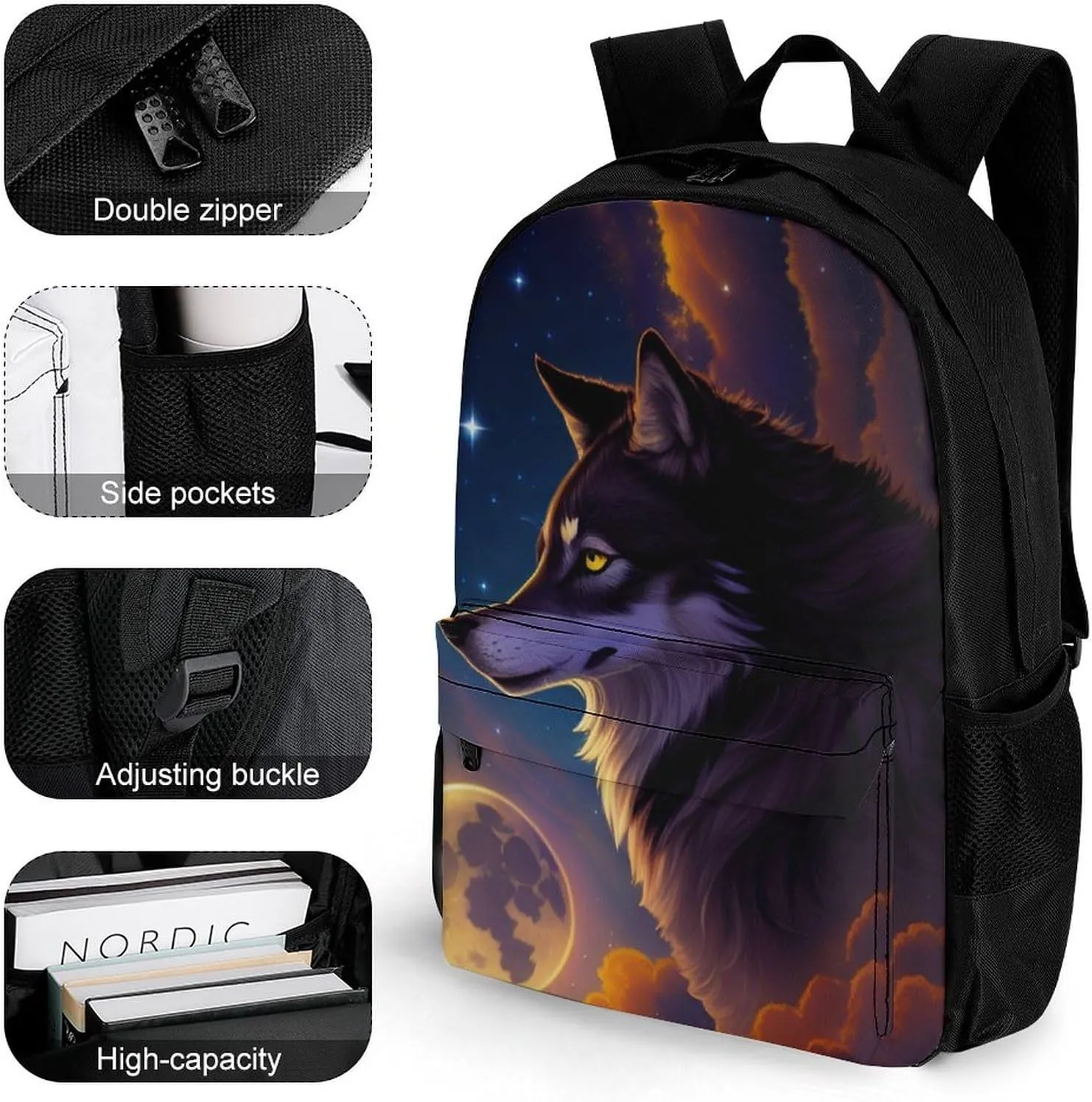 Galaxy Psychedelic Wolf Night Moon Sky Space Art Rucksacks Lightweight Multipurpose Anti-Theft Shoulder Bag Big Capacity Laptop Book Bag Rucksack With Padded Straps