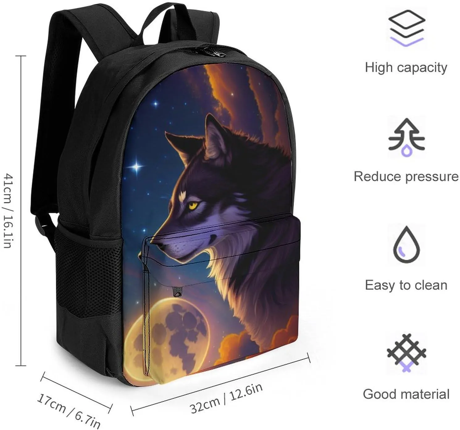 Galaxy Psychedelic Wolf Night Moon Sky Space Art Rucksacks Lightweight Multipurpose Anti-Theft Shoulder Bag Big Capacity Laptop Book Bag Rucksack With Padded Straps