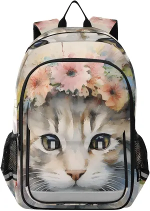 Garland Kitten Floral Backpack Travel Laptop Daypack Shoulder Bag Book Bag Daypack with Reflective Strip 12.9 ×17.7 In