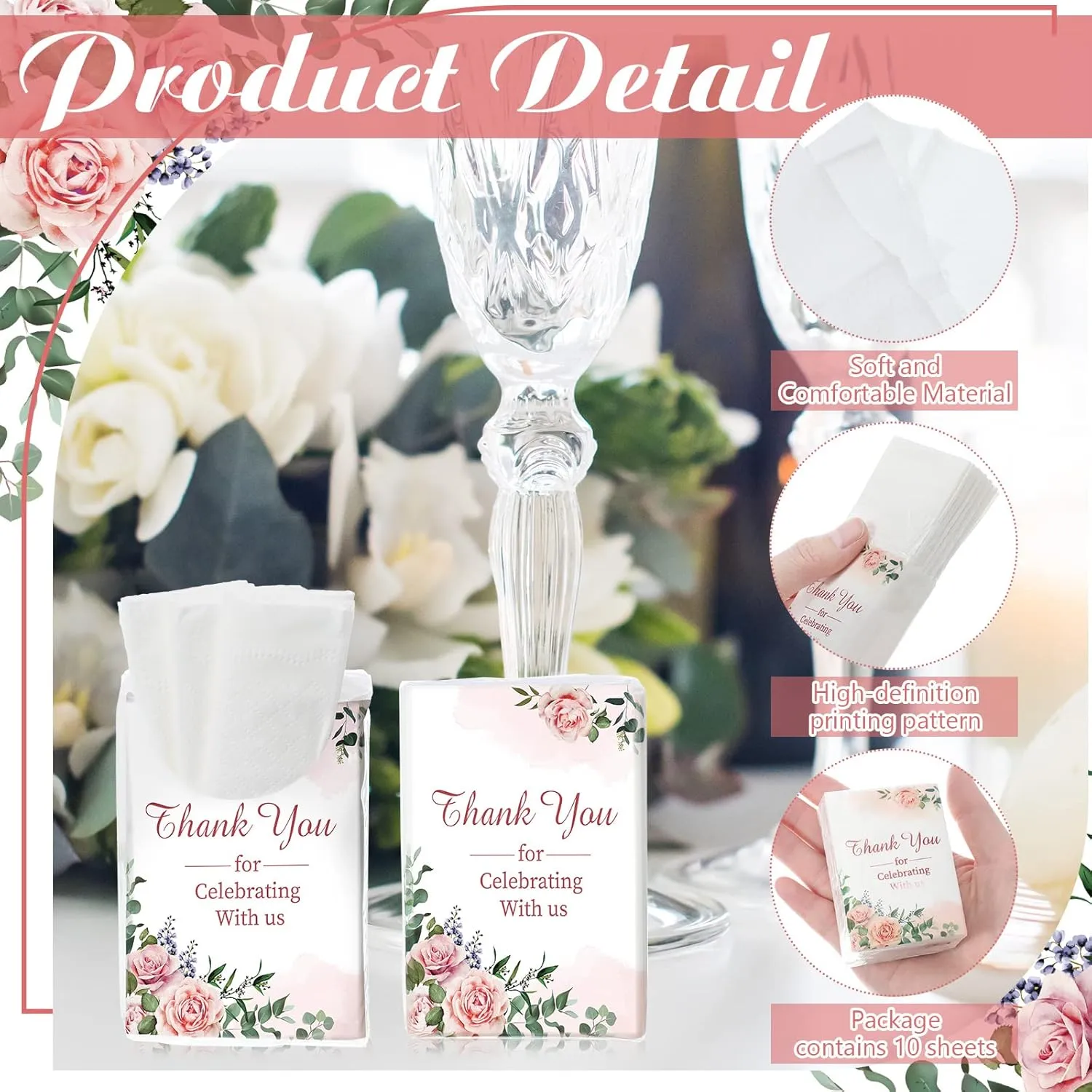 Geelin 100 Pack Wedding Facial Tissues Items Welcome Bags Pocket Tissues Mini Travel Size Favors for Guests Happy Tears for Wedding Party Ceremony Graduation(Flower Style)