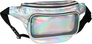 Geestock Holographic Clear Fanny Pack for Women, Waterproof Rave Festival 80S 90S Waist Bag, Adjustable Belt Bag, Crossbody Bag for Hiking, Running, Travel, Stadium Approved, Clear&Silver