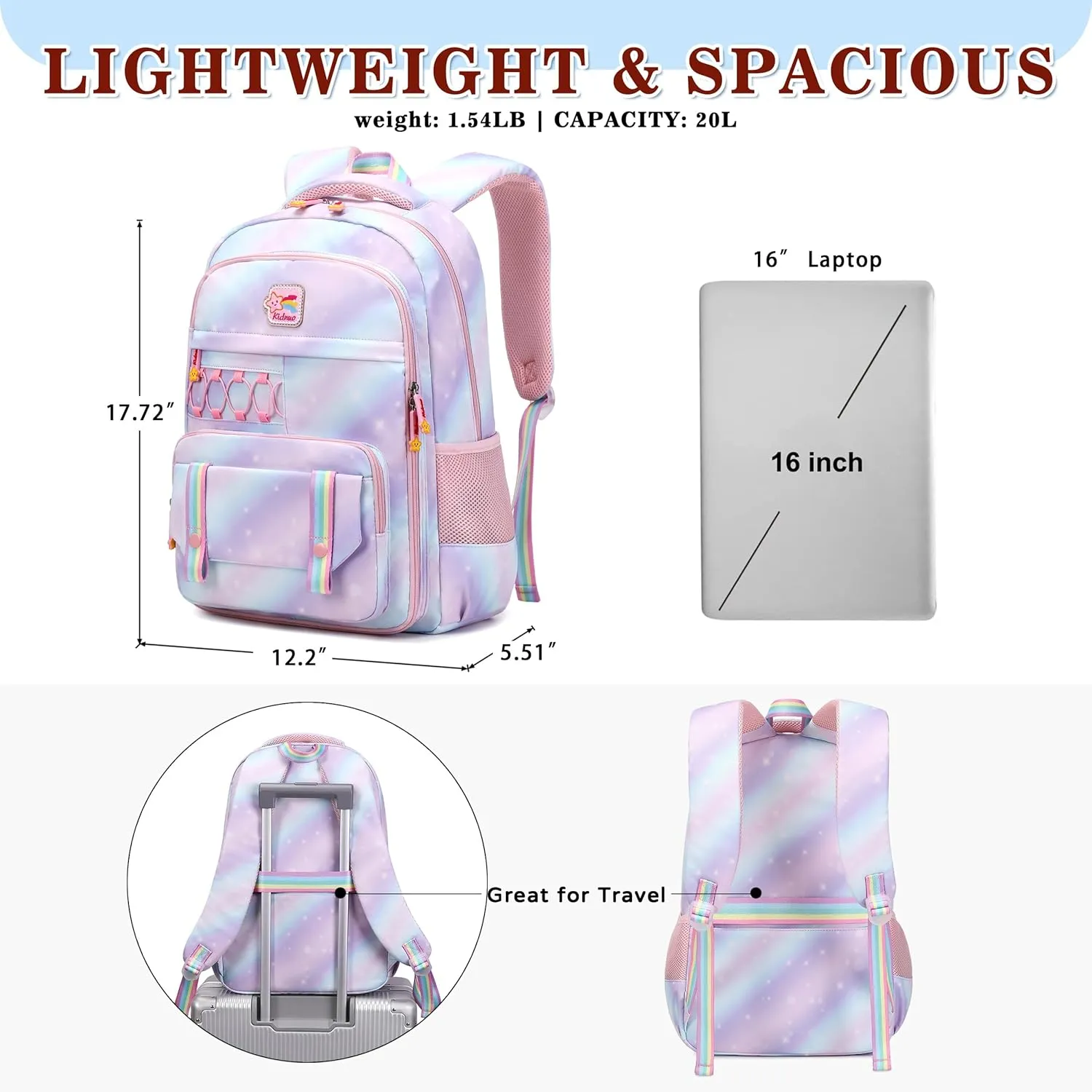 Girls Backpack 15.6 Inch Laptop School Bag Cute Kids Kindergarten Elementary Backpacks Middle Schoolbag Large Bookbags for Women Teens Students Anti Theft Travel Daypack (Purple)