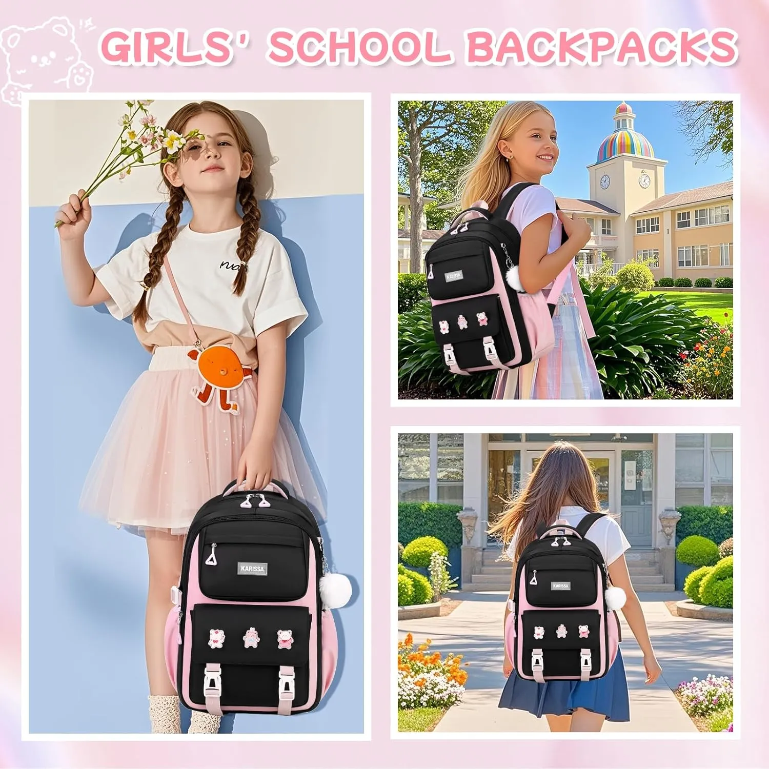 Girls Backpack, Kids Backpack for Girls with Anti-theft Back Pocket, Lightweight School Back pack, Watrer Resistant, Bookbag for Elementary Primary School, Black Pink