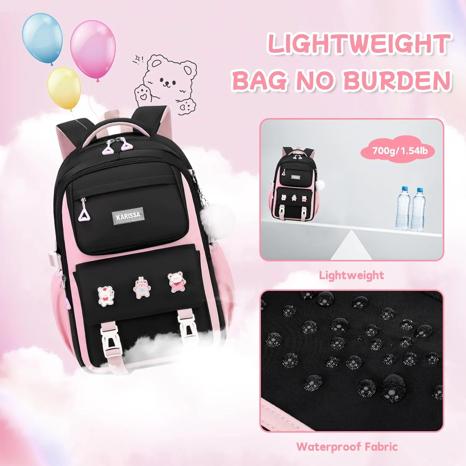 Girls Backpack, Kids Backpack for Girls with Anti-theft Back Pocket, Lightweight School Back pack, Watrer Resistant, Bookbag for Elementary Primary School, Black Pink