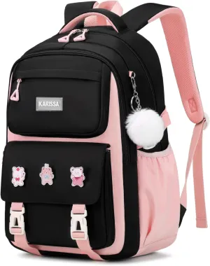 Girls Backpack, Kids Backpack for Girls with Anti-theft Back Pocket, Lightweight School Back pack, Watrer Resistant, Bookbag for Elementary Primary School, Black Pink