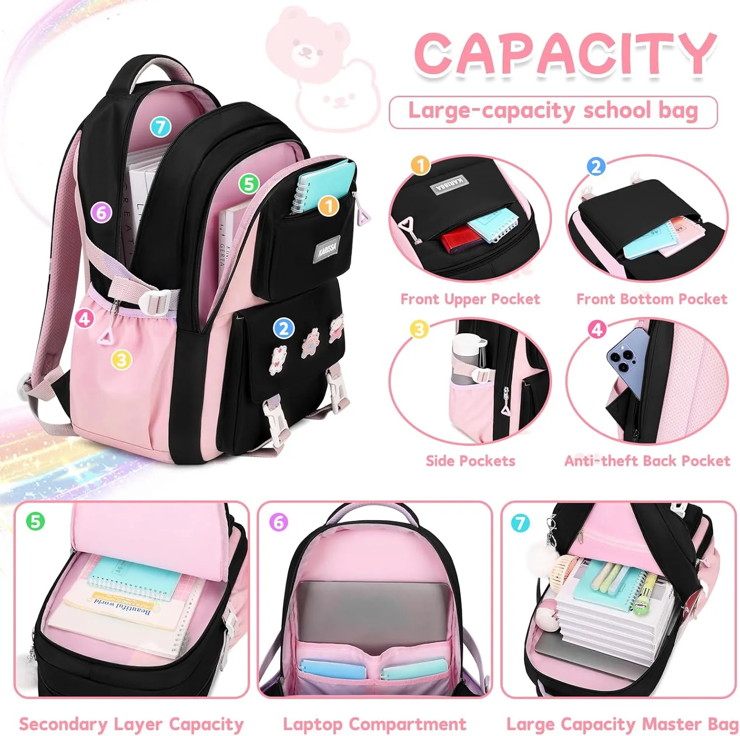 Girls Backpack, Kids Backpack for Girls with Anti-theft Back Pocket, Lightweight School Back pack, Watrer Resistant, Bookbag for Elementary Primary School, Black Pink