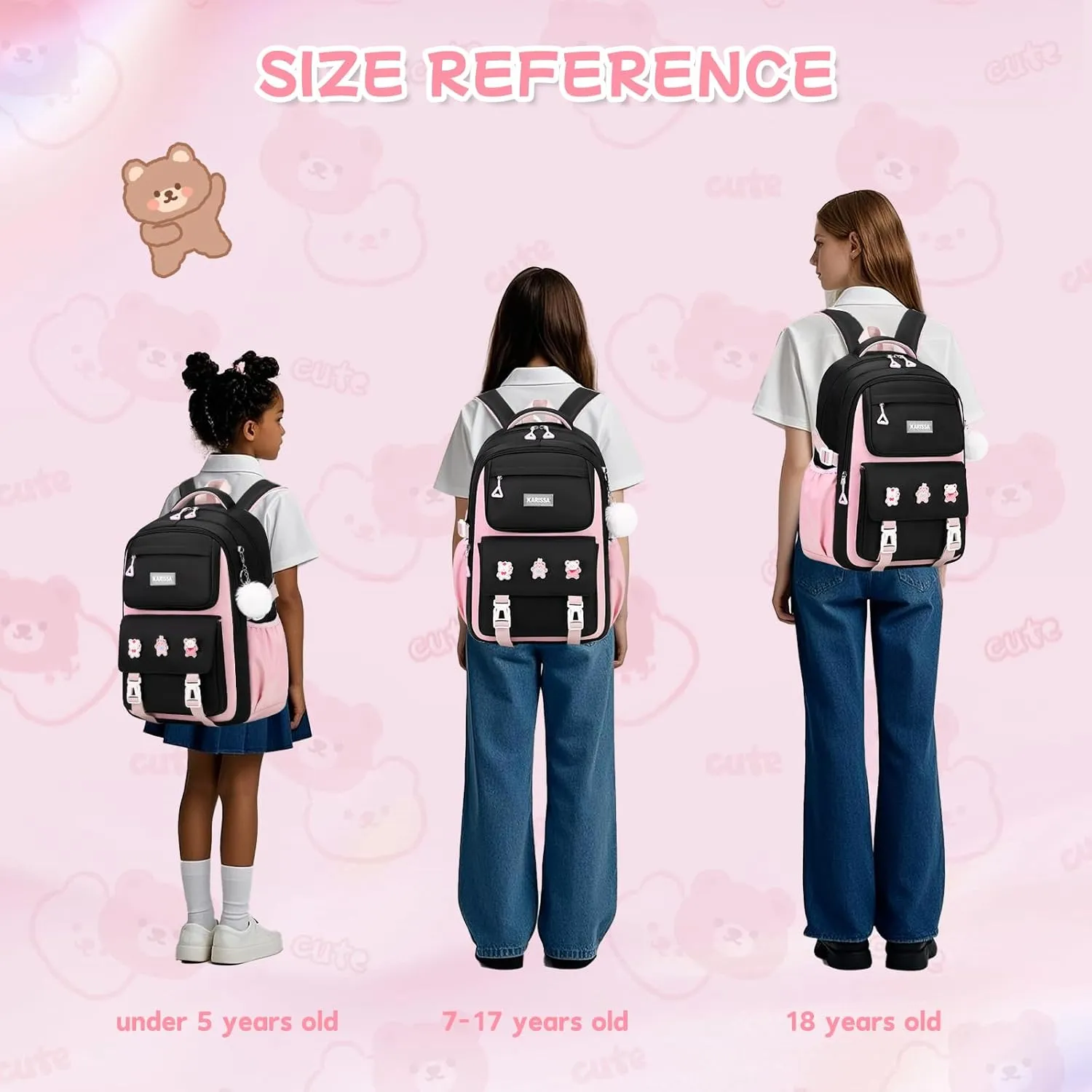 Girls Backpack, Kids Backpack for Girls with Anti-theft Back Pocket, Lightweight School Back pack, Watrer Resistant, Bookbag for Elementary Primary School, Black Pink