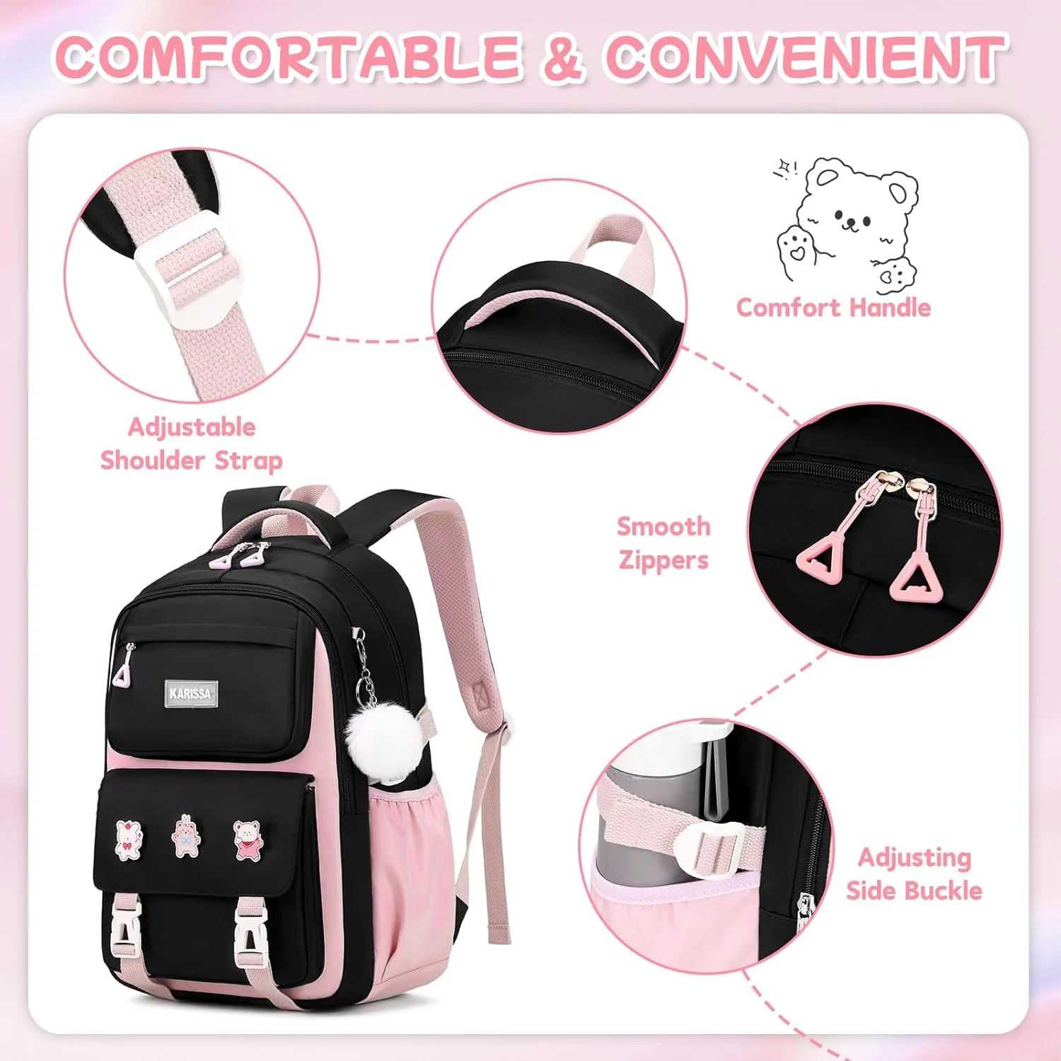 Girls Backpack, Kids Backpack for Girls with Anti-theft Back Pocket, Lightweight School Back pack, Watrer Resistant, Bookbag for Elementary Primary School, Black Pink