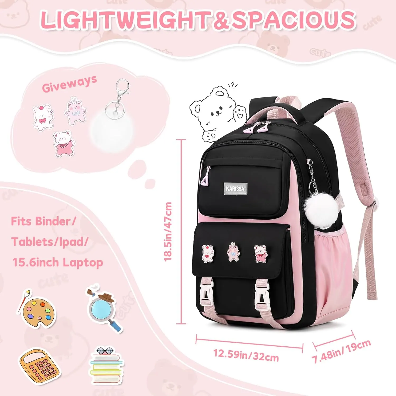 Girls Backpack, Kids Backpack for Girls with Anti-theft Back Pocket, Lightweight School Back pack, Watrer Resistant, Bookbag for Elementary Primary School, Black Pink