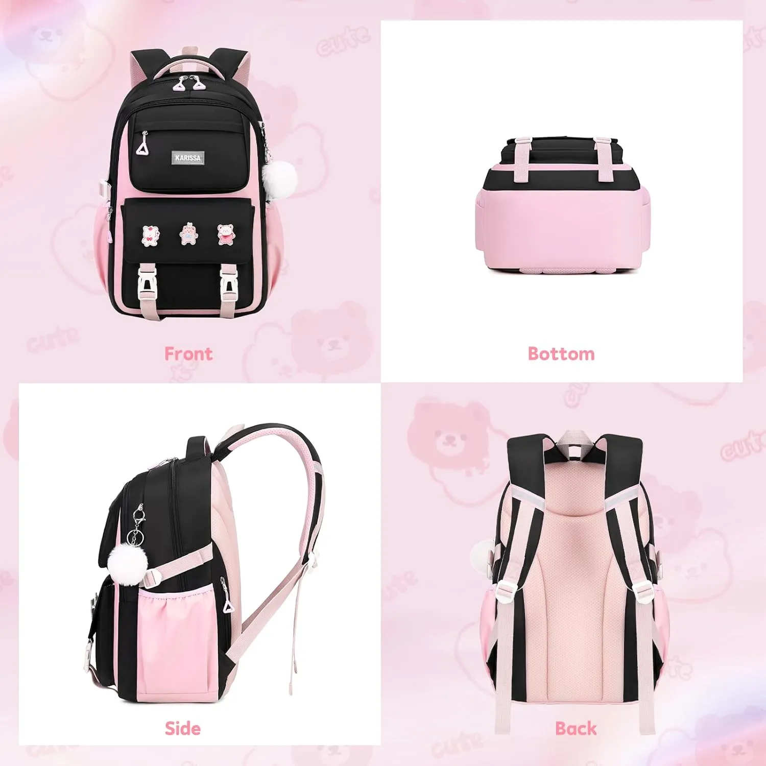 Girls Backpack, Kids Backpack for Girls with Anti-theft Back Pocket, Lightweight School Back pack, Watrer Resistant, Bookbag for Elementary Primary School, Black Pink