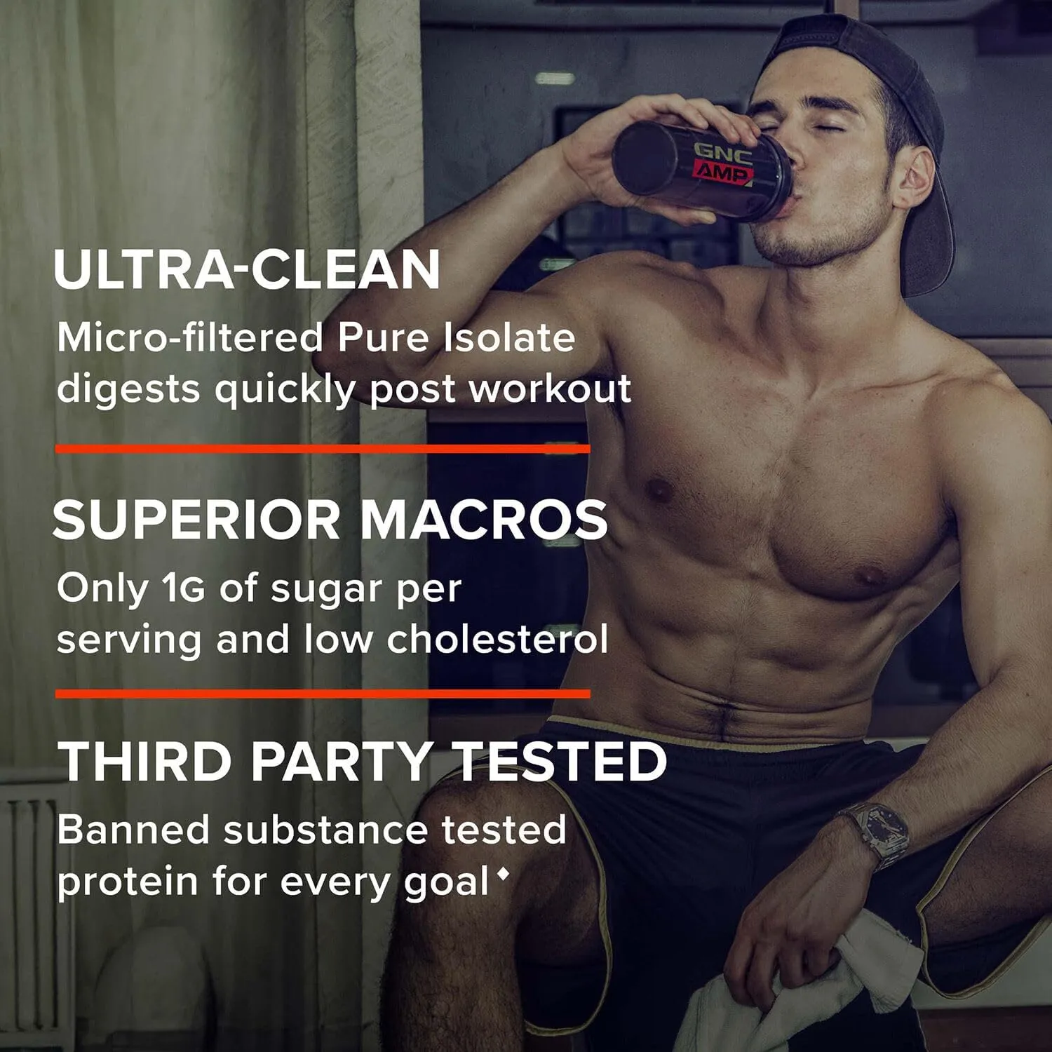 GNC AMP Pure Isolate Whey Protein Powder, Muscle Growth, Recovery, & Performance, 25g Protein, 5g BCAA, 1g Sugar, 130 Calories or Less, 3rd Party Tested, Gluten Free, Chocolate Frosting, 70 SVG