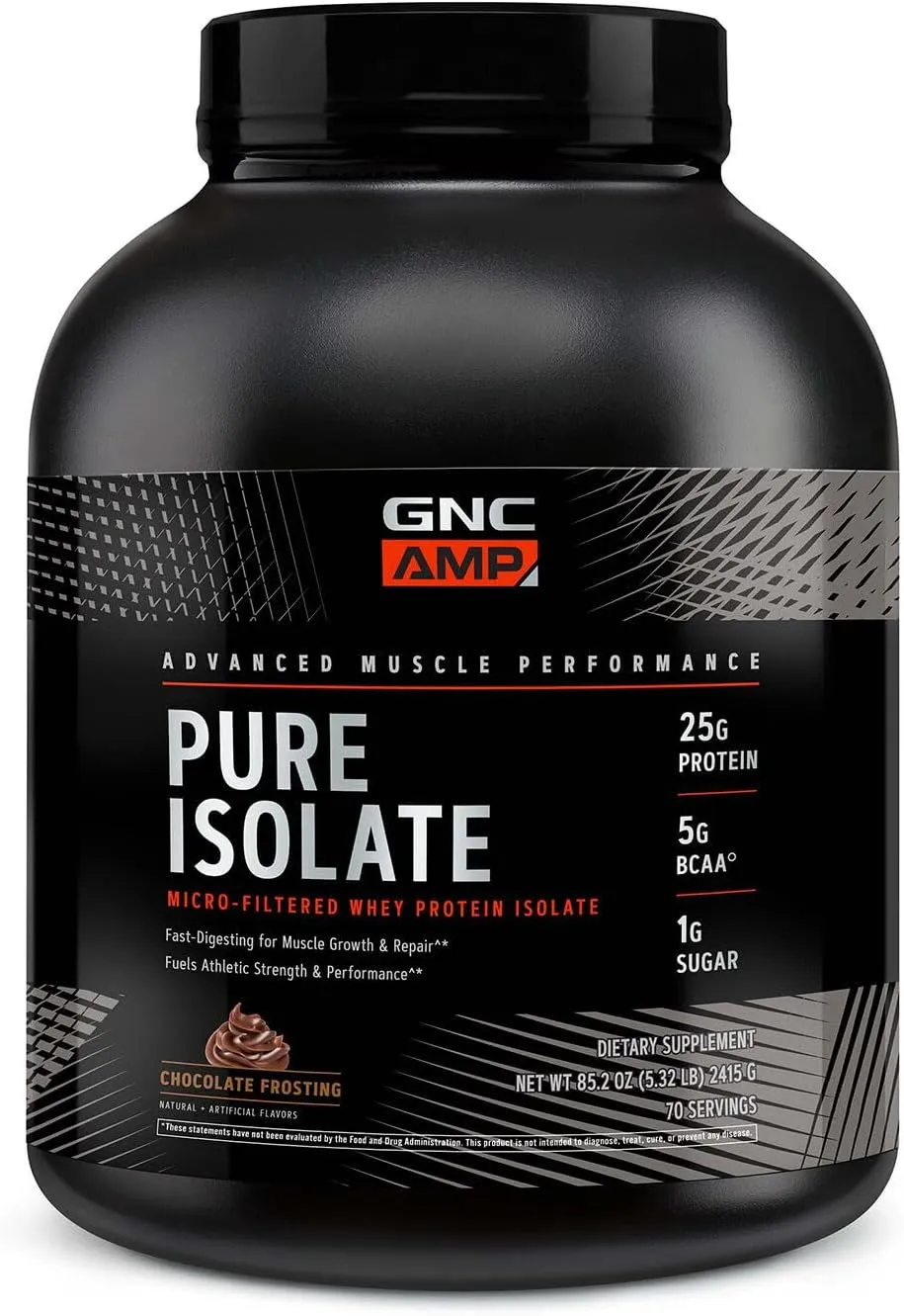 GNC AMP Pure Isolate Whey Protein Powder, Muscle Growth, Recovery, & Performance, 25g Protein, 5g BCAA, 1g Sugar, 130 Calories or Less, 3rd Party Tested, Gluten Free, Chocolate Frosting, 70 SVG