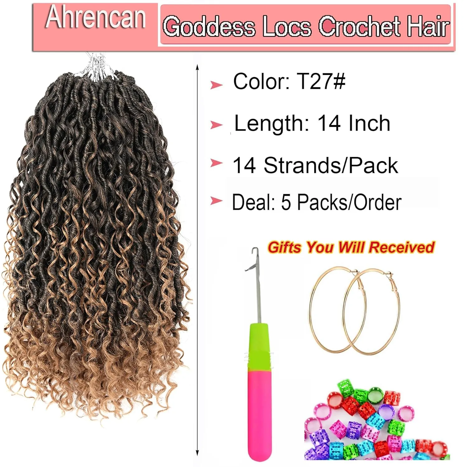 Goddess Locs Crochet Hair #T27 Color, 14 Inch 5 Packs Boho Goddess Locs With Curly Ends,Faux Locs Crochet Hair For Black Women Pre Looped Hippie River Locs Crochet Braids(14in,5pc,T1B/27)