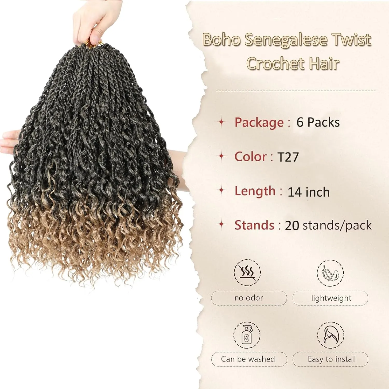 Goddess Twist Braids Crochet Hair With Curly Ends Bohomian Twist Braids Crochet Braids 6 Packs mini Crochet Braids ombre black brown Synthetic Braiding Hair Extension for Black Women (14inch, T27)