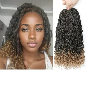 Goddess Twist Braids Crochet Hair With Curly Ends Bohomian Twist Braids Crochet Braids 6 Packs mini Crochet Braids ombre black brown Synthetic Braiding Hair Extension for Black Women (14inch, T27)