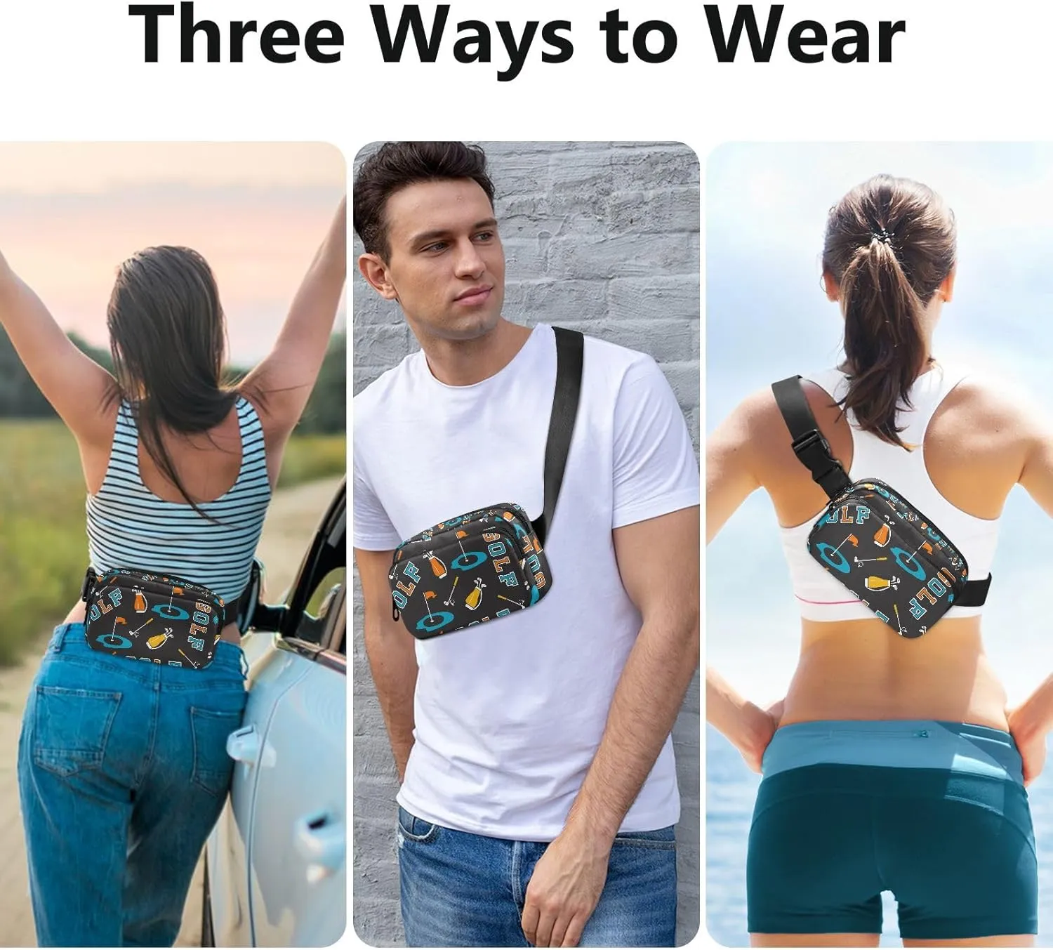 Golf Balls Black Fanny Pack for Women Men Crossbody Belt Bag Fashion Waist Packs Purse with Adjustable Strap Hip Bag for Cycling Running Hiking