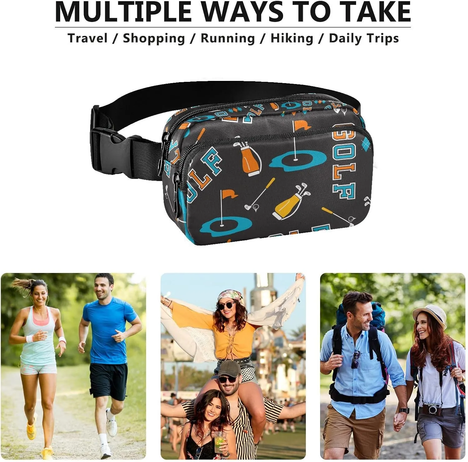 Golf Balls Black Fanny Pack for Women Men Crossbody Belt Bag Fashion Waist Packs Purse with Adjustable Strap Hip Bag for Cycling Running Hiking