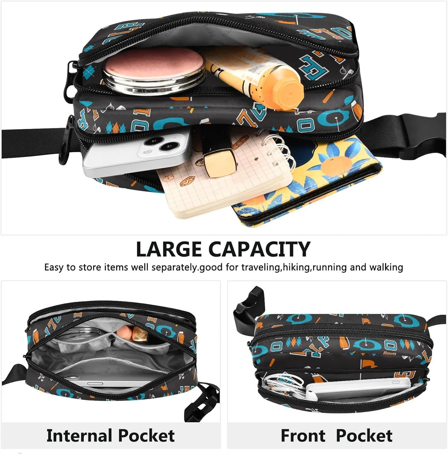 Golf Balls Black Fanny Pack for Women Men Crossbody Belt Bag Fashion Waist Packs Purse with Adjustable Strap Hip Bag for Cycling Running Hiking