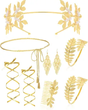 Greek Goddess Costume Accessories Set Cleopatra for Women Golden Laurel Leaf Crown Headband Waist Leaf Dangle Earring for Party Bridal Wedding Cosplay Party