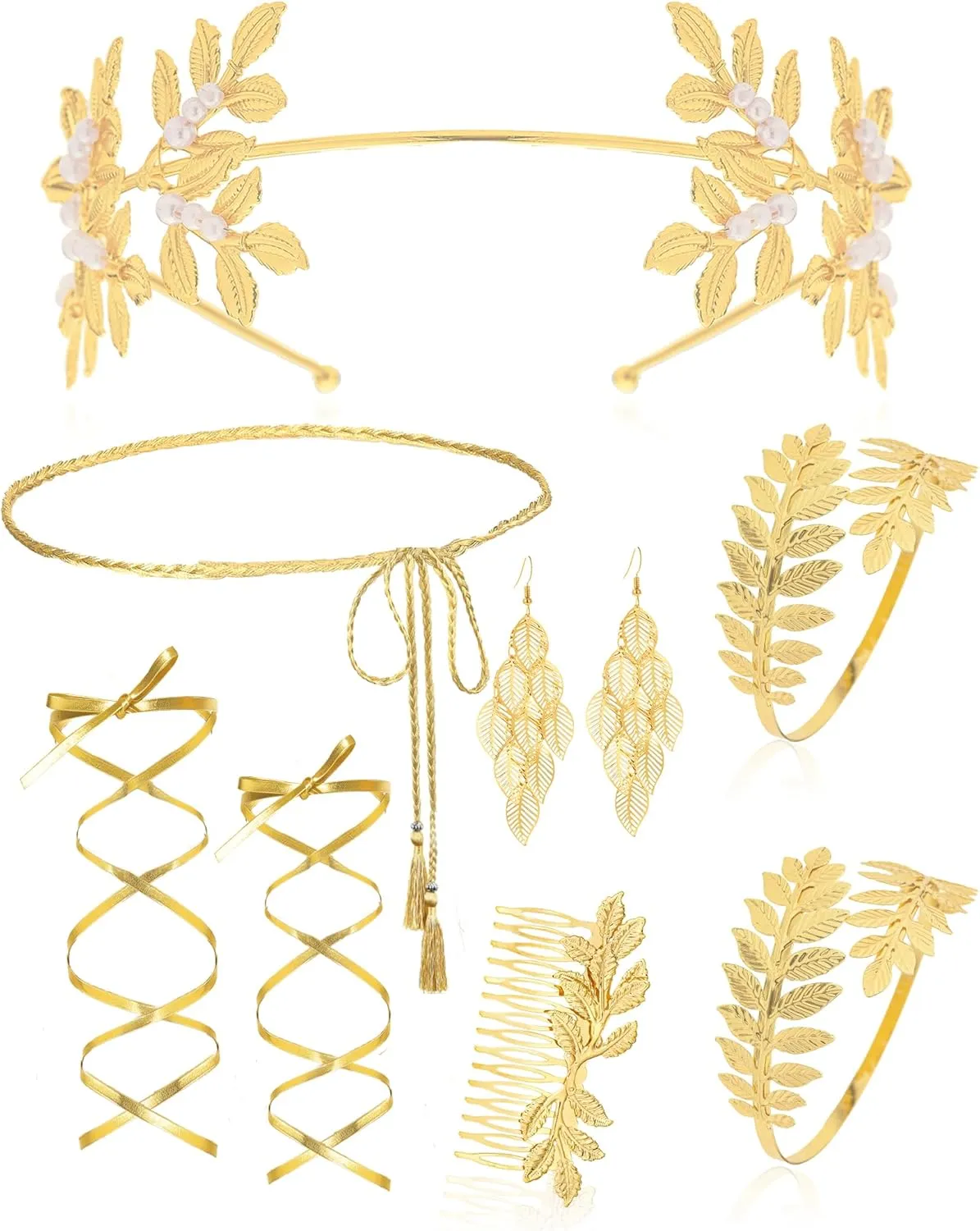 Greek Goddess Costume Accessories Set Cleopatra for Women Golden Laurel Leaf Crown Headband Waist Leaf Dangle Earring for Party Bridal Wedding Cosplay Party