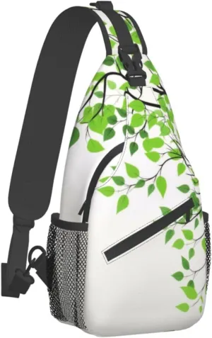 Green And White Leaf Print Men'S Casual Crossbody Chest Bag - A Versatile Accessory For Everyday Use And Short Trips