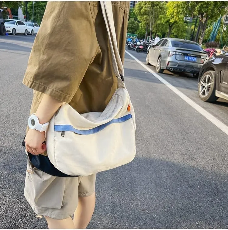 Grunge Canvas Messenger Bag Women Punk Hobo Purses Y2K Aesthetic Shoulder Bag Indie Tote Crossbody Bag Alt Emo Handbag (Beige,Large)