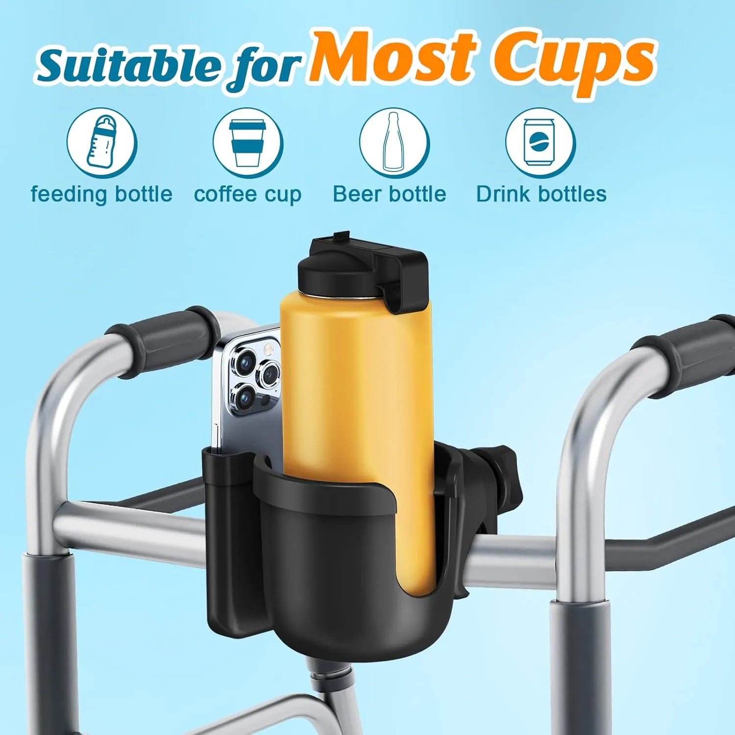 Guiseapue 2 Packs Cup Holder for Walker: Stroller Cup Holder Attachment with Phone Holder, Wheelchair/Stroller Accessories for Uppababy, Nuna, Doona, Bike, Scooter, Baby Travel Essential