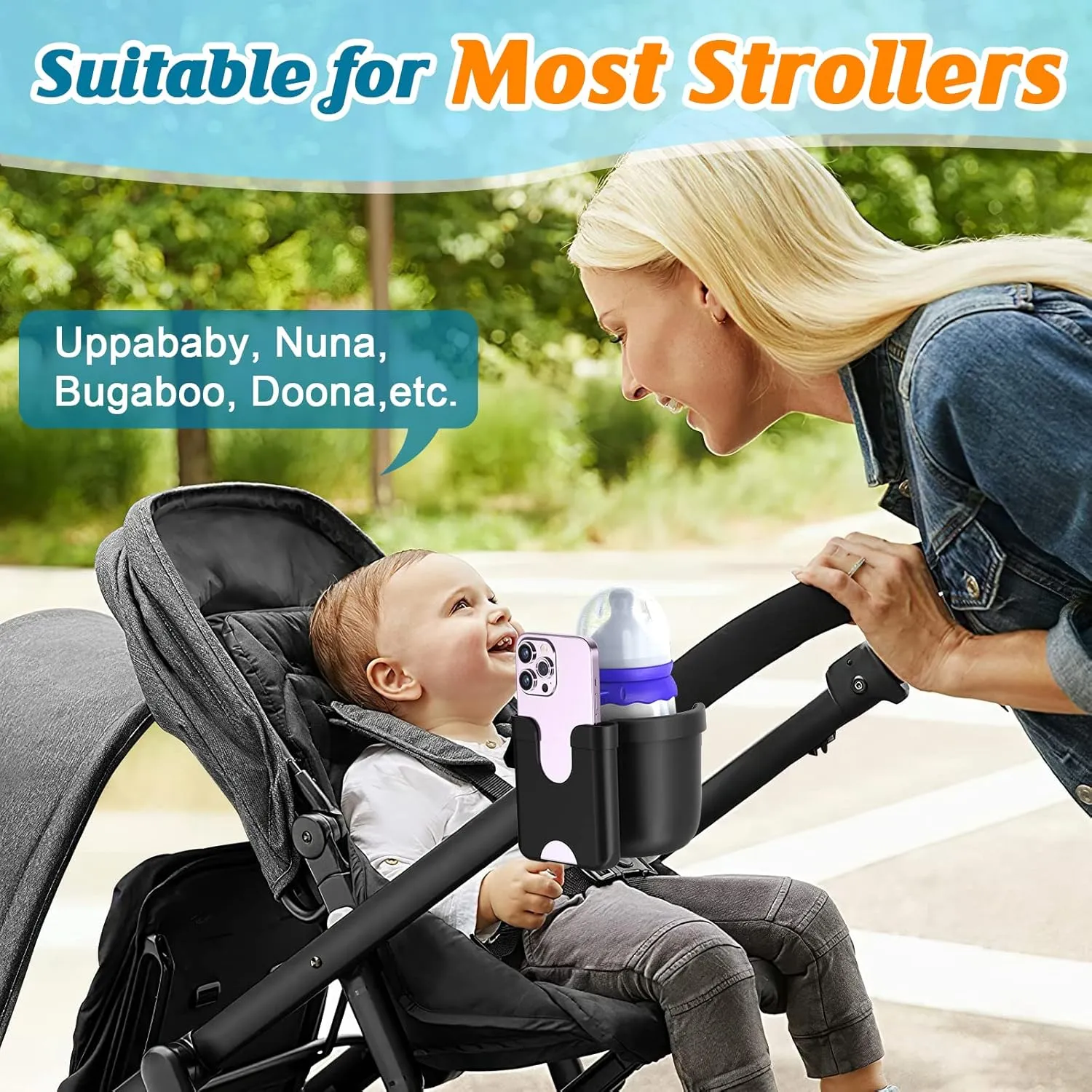 Guiseapue 2 Packs Cup Holder for Walker: Stroller Cup Holder Attachment with Phone Holder, Wheelchair/Stroller Accessories for Uppababy, Nuna, Doona, Bike, Scooter, Baby Travel Essential