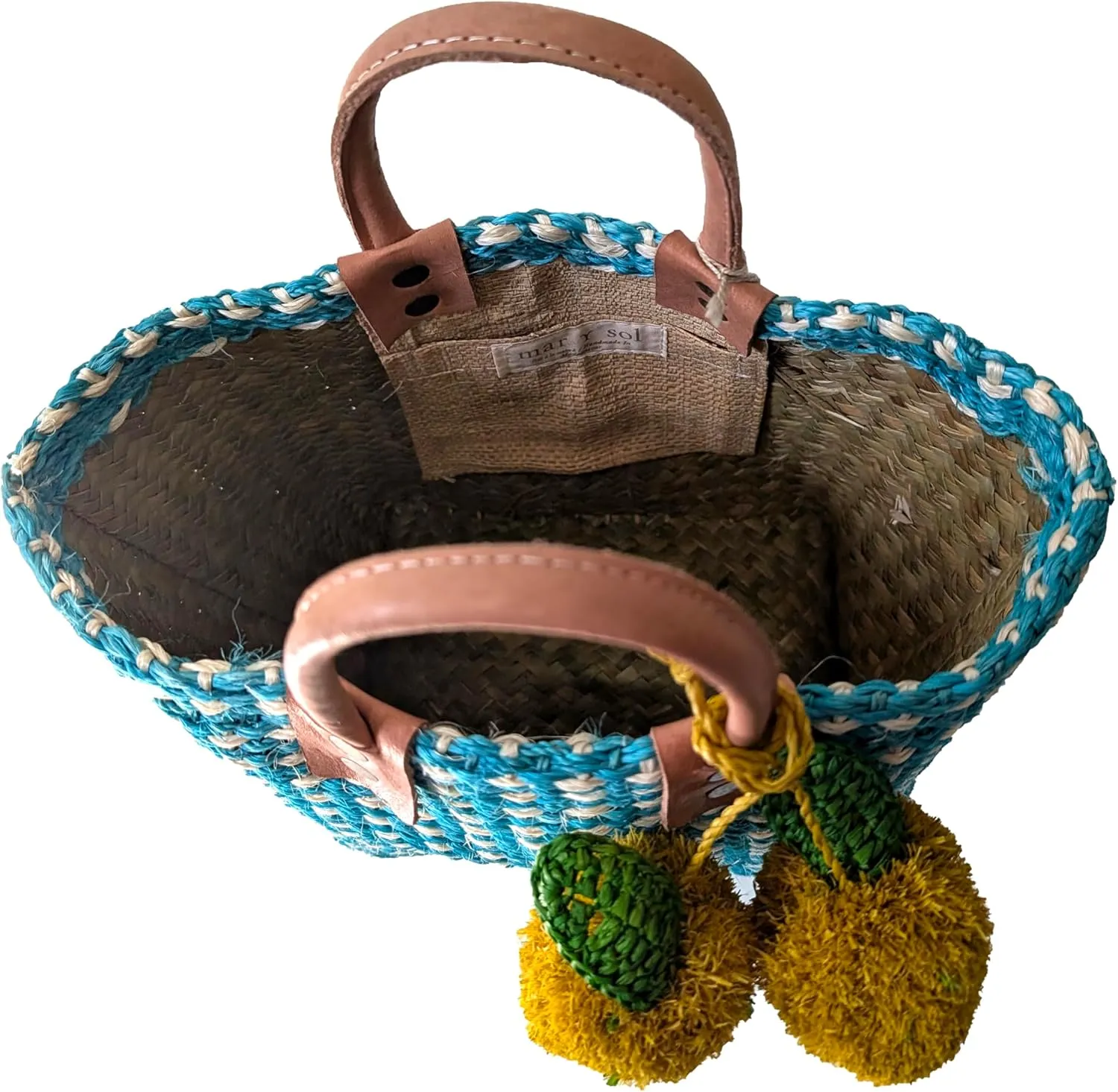 Hadley Tote Handwoven Raffia Bag with Leather Handles & Pom Pom Fruit Charm, Full Size or Mini in Multiple Colors