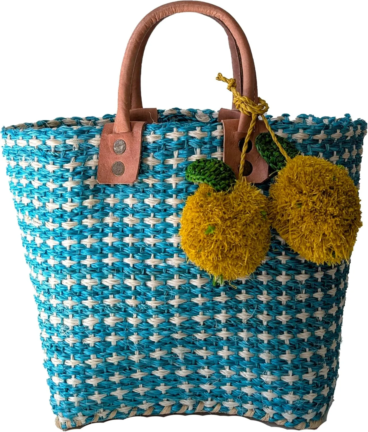 Hadley Tote Handwoven Raffia Bag with Leather Handles & Pom Pom Fruit Charm, Full Size or Mini in Multiple Colors