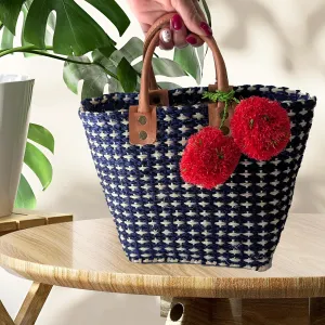 Hadley Tote Handwoven Raffia Bag with Leather Handles & Pom Pom Fruit Charm, Full Size or Mini in Multiple Colors