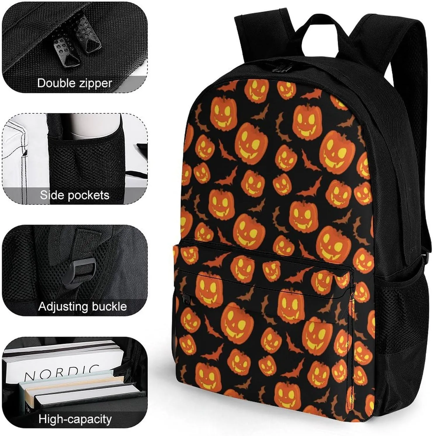 Halloween Party Night Pumpkin Black Backpack Polyester Multipurpose Anti-Theft Shoulder Bag Big Capacity Gym Outdoor Hiking Backpack With Padded Straps