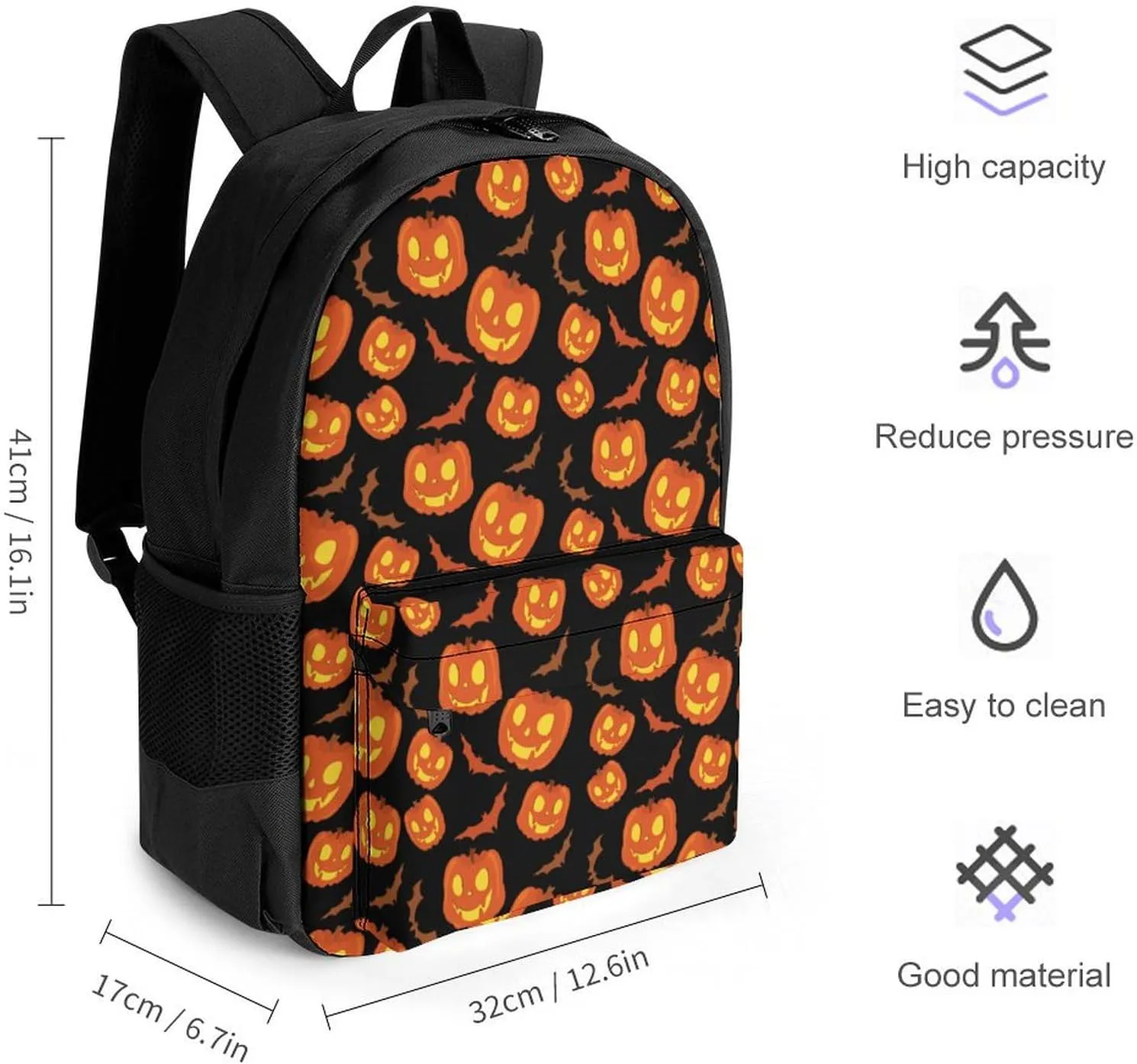 Halloween Party Night Pumpkin Black Backpack Polyester Multipurpose Anti-Theft Shoulder Bag Big Capacity Gym Outdoor Hiking Backpack With Padded Straps