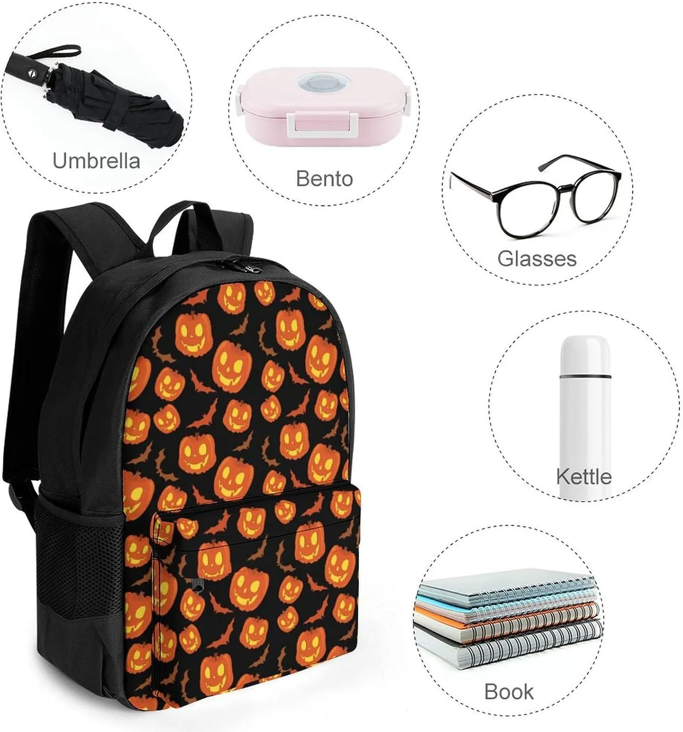 Halloween Party Night Pumpkin Black Backpack Polyester Multipurpose Anti-Theft Shoulder Bag Big Capacity Gym Outdoor Hiking Backpack With Padded Straps
