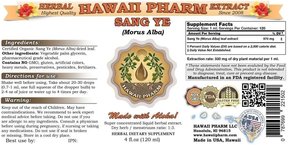 HawaiiPharm Sang Ye Tincture, Sang Ye, Mulberry (Morus Alba) Leaf Liquid Extract, Herbal Supplement 2x4 fl.oz