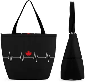 Heartbeat Maple Leaf Canada Flag Tote Bag for Women Reusable Beach Shoulder Bag Lightweight Grocery Bags Travel Handbag