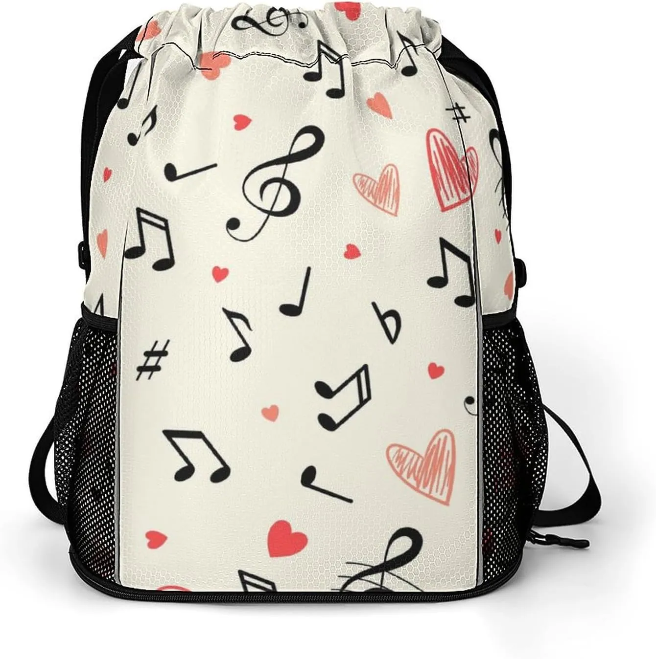Hearts Notes Music Gym Drawstring Bags Sports Belt Pocket Backpack Sackpack String Cinch Beach Bag for Women Men