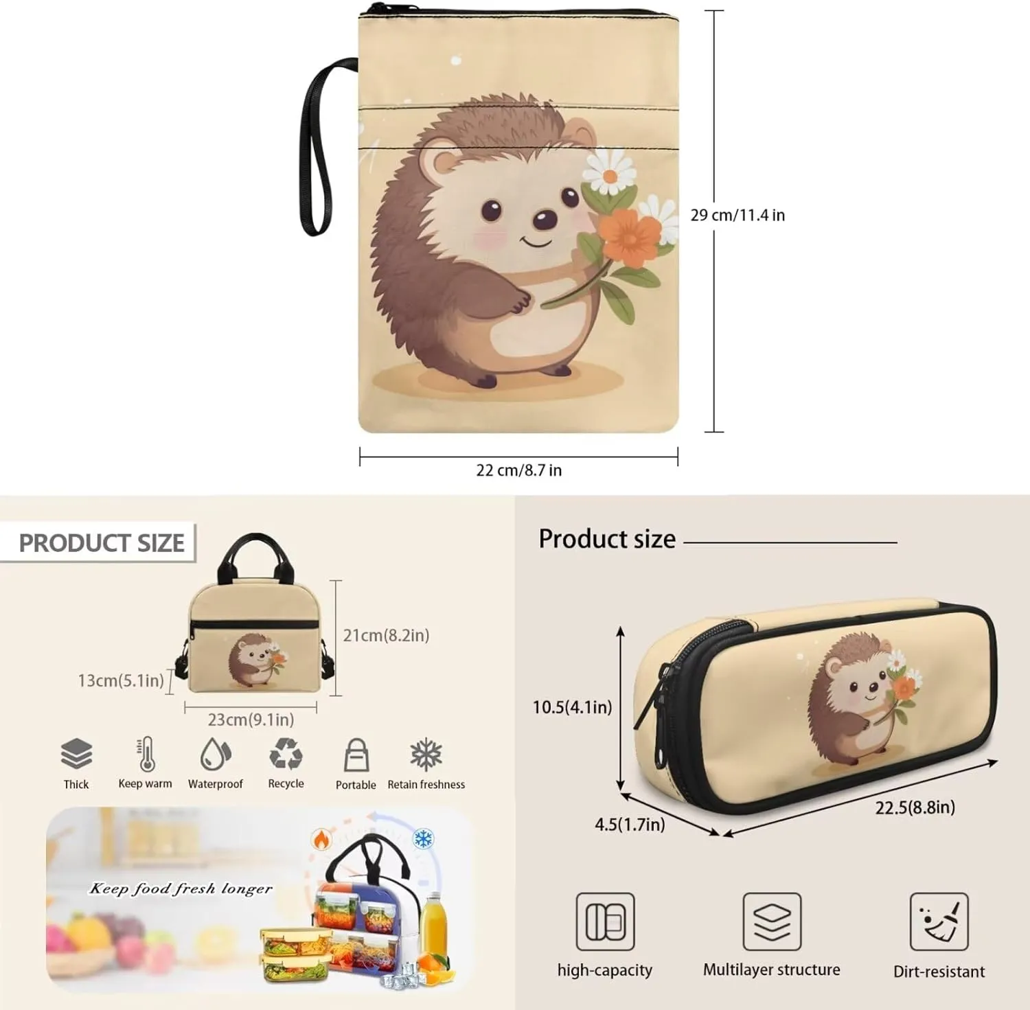 Hedgehogs 4Pc Backpack Set for Boys Multi-Functional Crossbody School Bag for Teen Portable Food Bag for Travel Work Office Climbing School 4pack