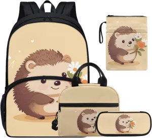 Hedgehogs 4Pc Backpack Set for Boys Multi-Functional Crossbody School Bag for Teen Portable Food Bag for Travel Work Office Climbing School 4pack