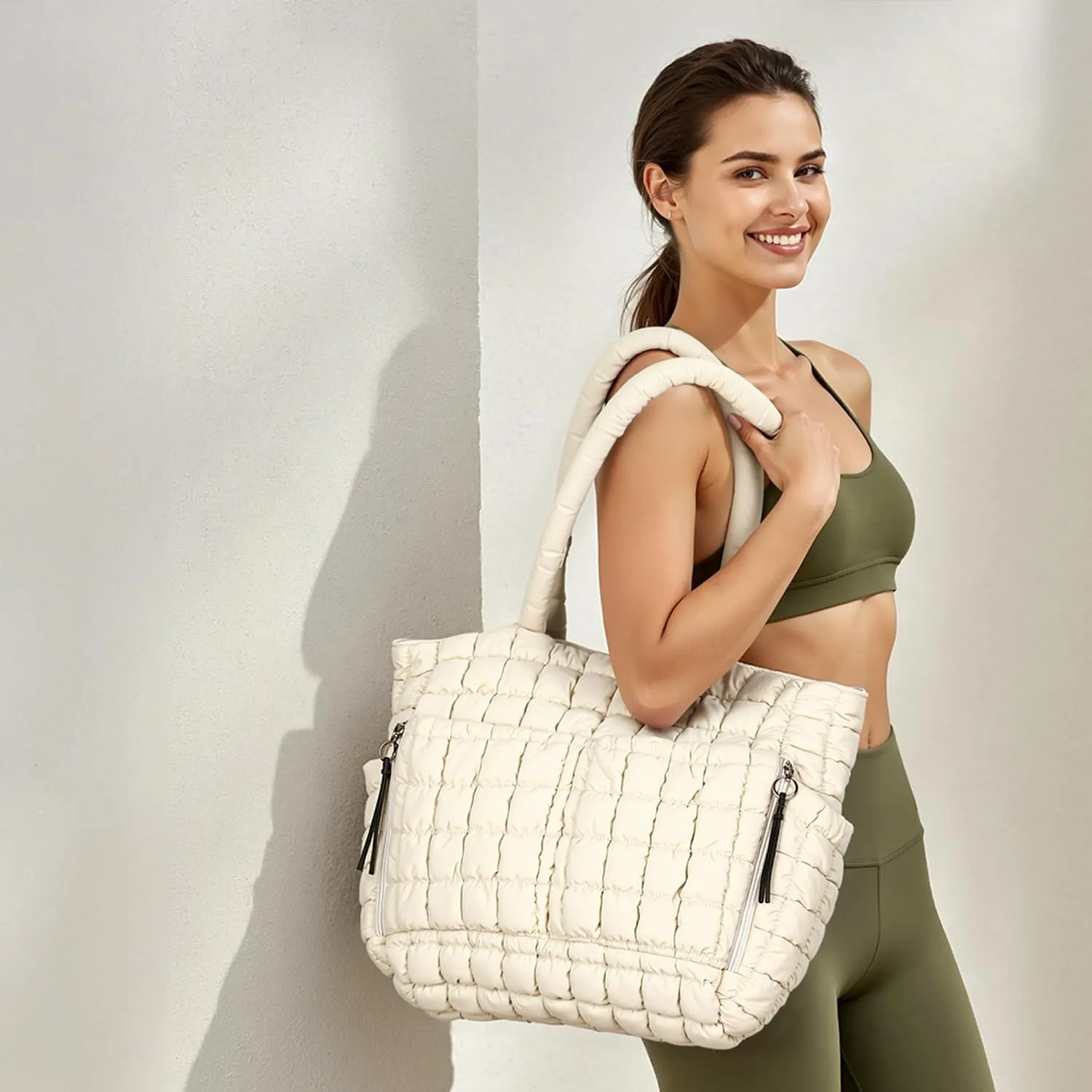 Herald Quilted Puffer Tote Bag for Women, Bubble Puffy Handbag with Compartments, Shoulder Purse for Work Travel Gym