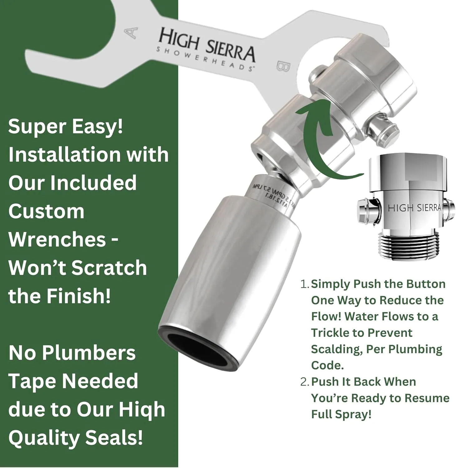 High Sierra Showerheads® - Solid Metal 2.0 GPM High-Flow Shower Head with Limescale Resistant Insert & Pressure Control Valve that Shuts It Off to Just a Trickle - Chrome