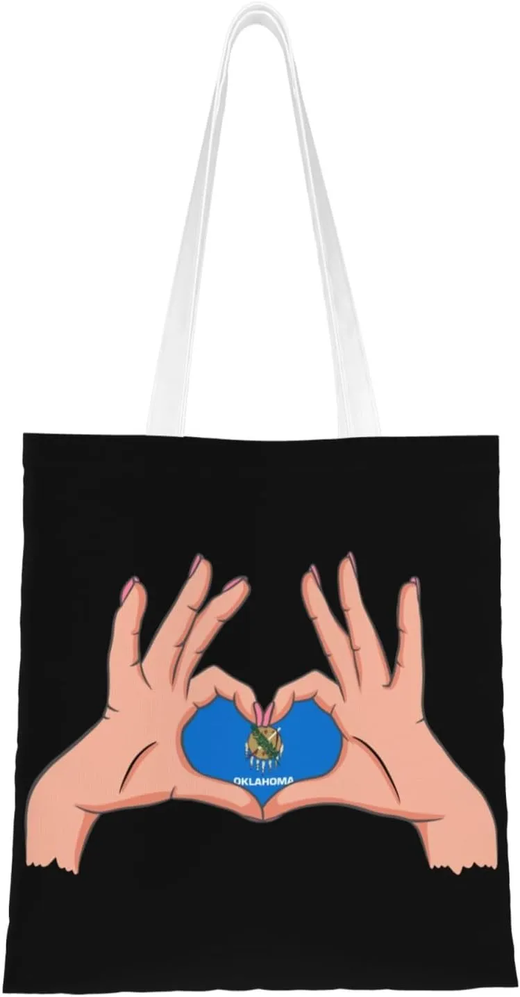 Holding A Heart Flag Of Oklahoma Tote Bag for Women Canvas Shopping Bags Reusable Beach Bag Grocery Bags Tote Shoulder Bag Gift Bags