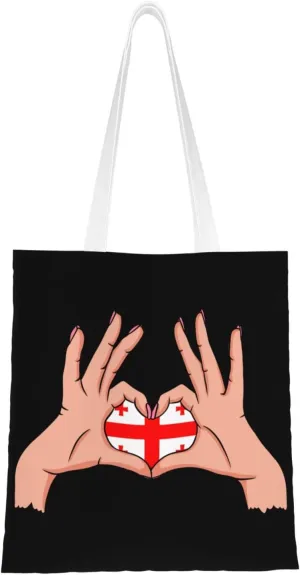 Holding Love In Your Hands Flag Of Georgia Tote Bag for Women Canvas Shopping Bags Reusable Large Capacity Casual Shoulder Handbags Grocery Bags DIY Gift Bags