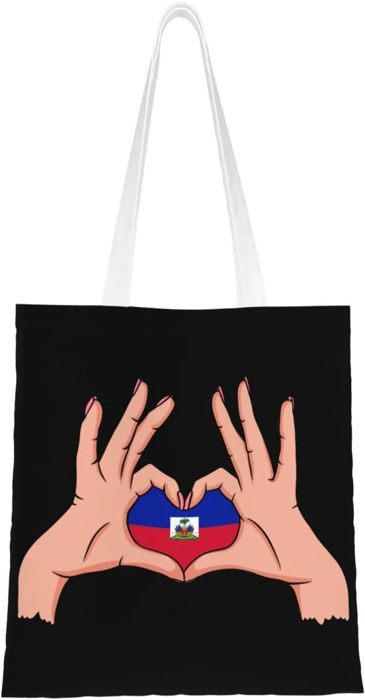 Holding Love In Your Hands Flag Of Haiti Tote Bag for Women Canvas Shopping Bags Reusable Large Capacity Casual Shoulder Handbags Grocery Bags DIY Gift Bags