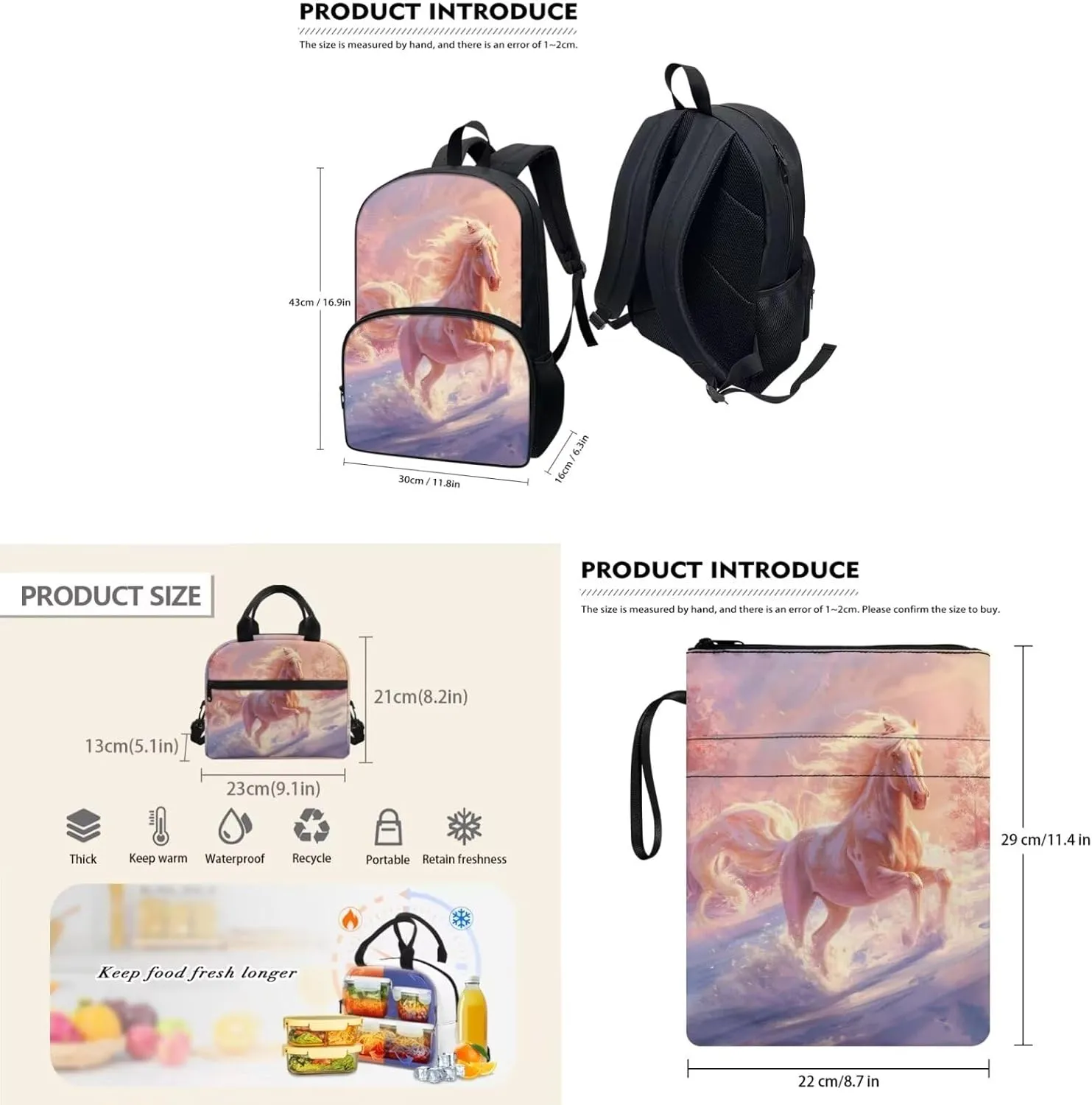 Horse Print School Backpack for Boys 8-10 Kids Backpack Set for Boy Lagre Rucksack with Foldable Reusable Lunch Bag Small Book Case for Secondary Schools