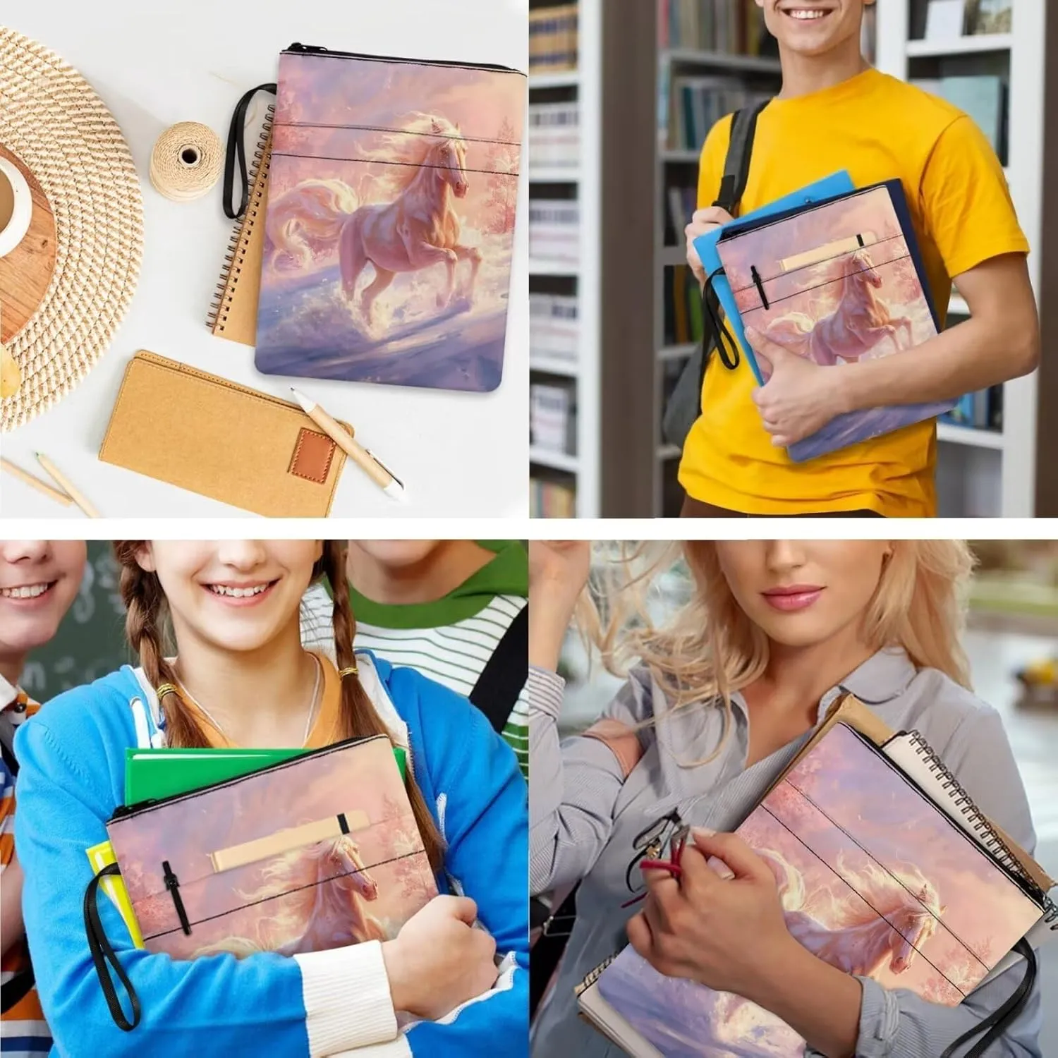 Horse Print School Backpack for Boys 8-10 Kids Backpack Set for Boy Lagre Rucksack with Foldable Reusable Lunch Bag Small Book Case for Secondary Schools