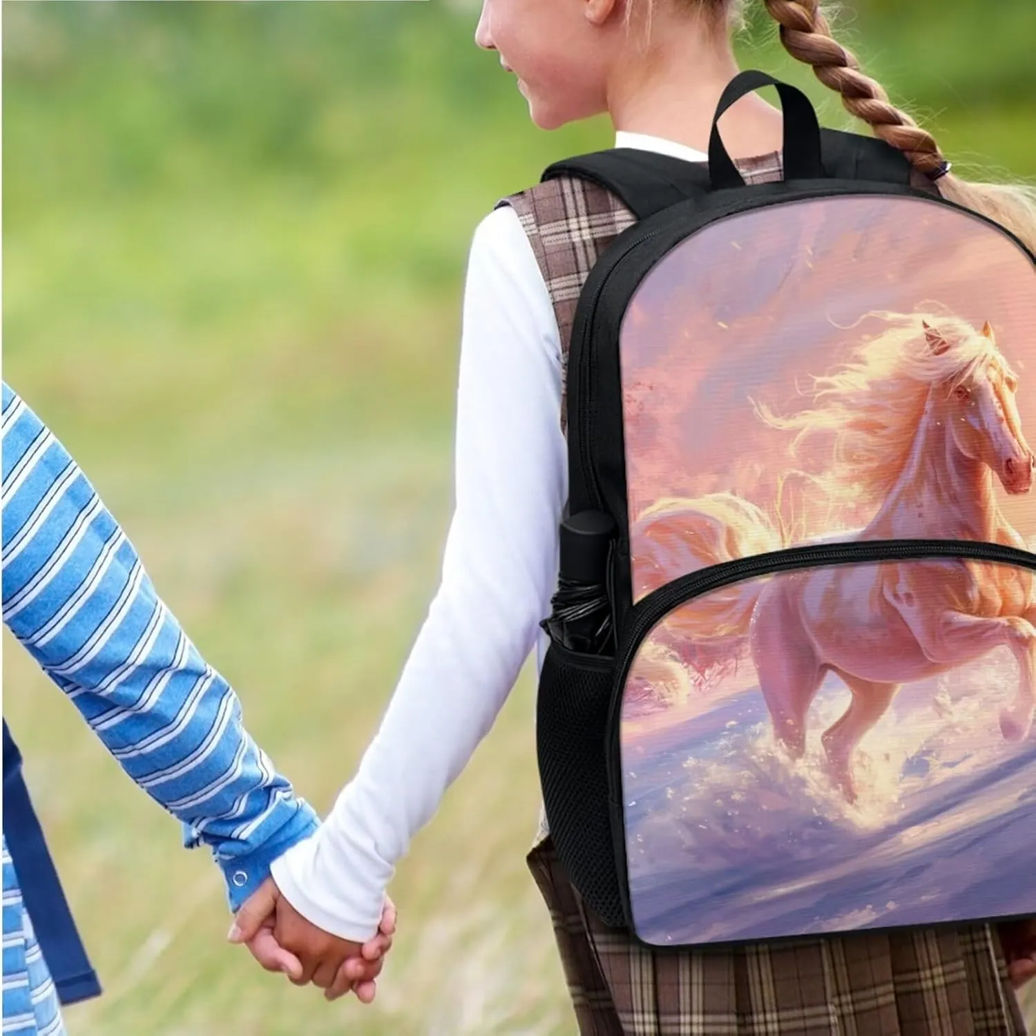 Horse Print School Backpack for Boys 8-10 Kids Backpack Set for Boy Lagre Rucksack with Foldable Reusable Lunch Bag Small Book Case for Secondary Schools