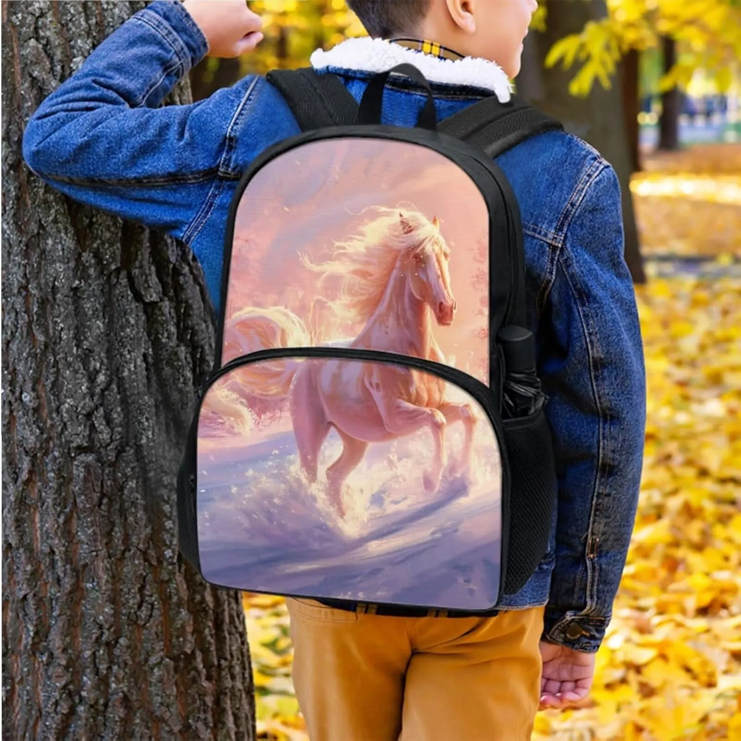 Horse Print School Backpack for Boys 8-10 Kids Backpack Set for Boy Lagre Rucksack with Foldable Reusable Lunch Bag Small Book Case for Secondary Schools